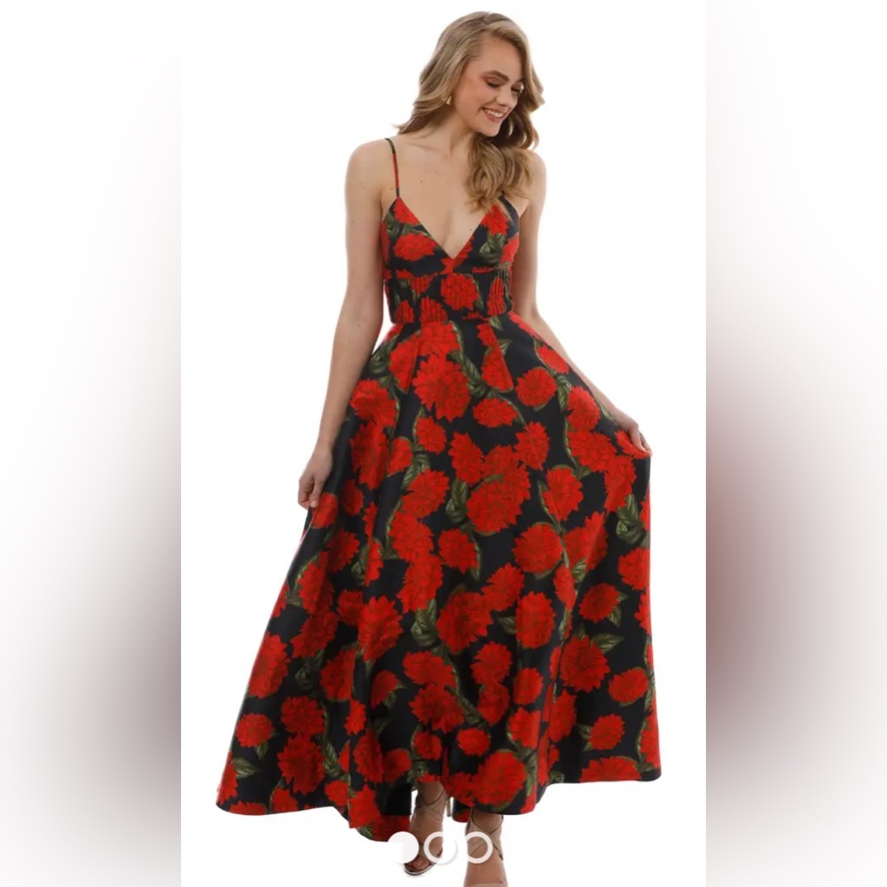 Floral V-Neck Maxi Dress in Red and Black